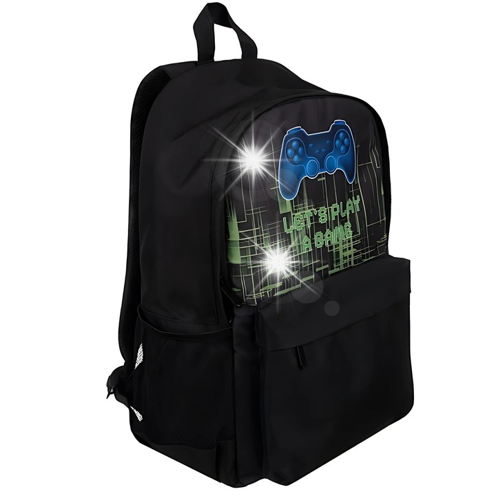 Iskolai hátizsák fiataloknak + cipőtáska + 3D gaming tolltartó, 22L kapacitás, fekete, 44x28x20cm