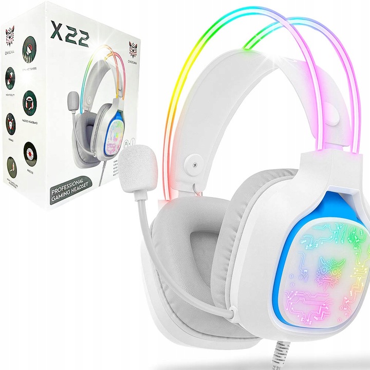 Casti gaming Onikuma X22, alb, cu microfon, iluminare RGB, 50mm, set adaptor 2x Mini Jack la 1x Mini Jack