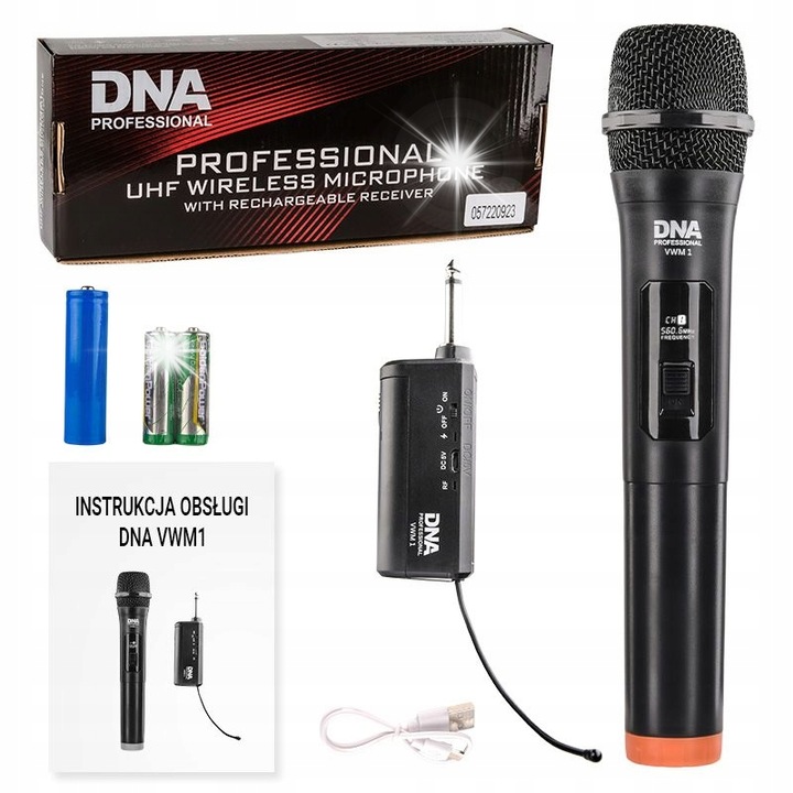 Безжична микрофонна система DNA VWM 1, UHF 220-280 MHz, динамичен микрофон, компактен приемник, 2 батерии AA