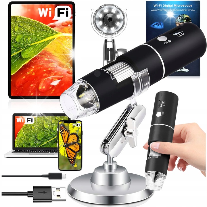 Цифров микроскоп 1000x, 2MP, 8 LED, Wi-Fi, USB-C, въртене на 360, пълен комплект