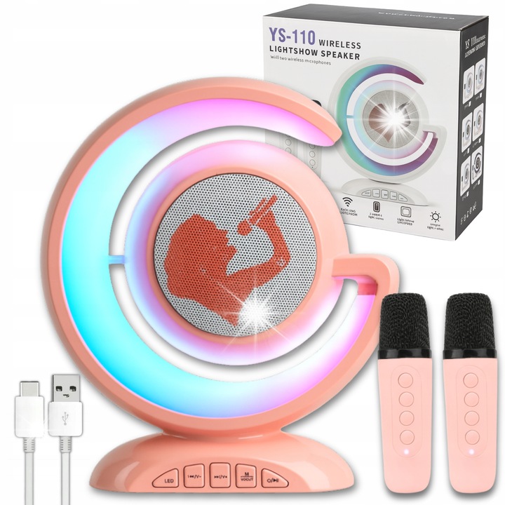 Karaoke Bluetooth szett hordozható hangszóróval és 2 mikrofonnal, rózsaszín, 18x21x8,5cm, NN