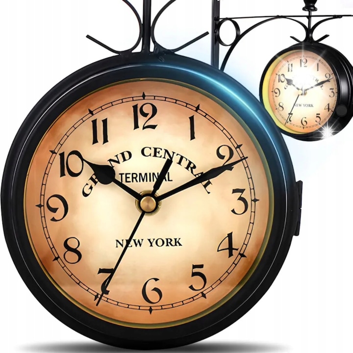 Fekete retro fém falióra, 24 cm, vintage design, kétoldalas