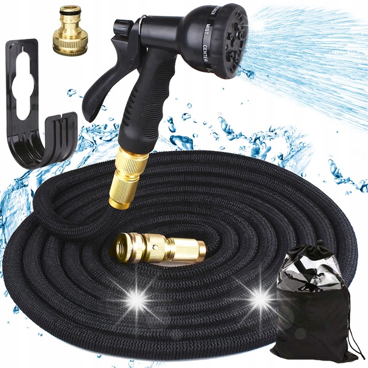 Разтегателен градински маркуч 30м, Verk Group, комплект с пистолет за пръскане, адаптер, кука, черен