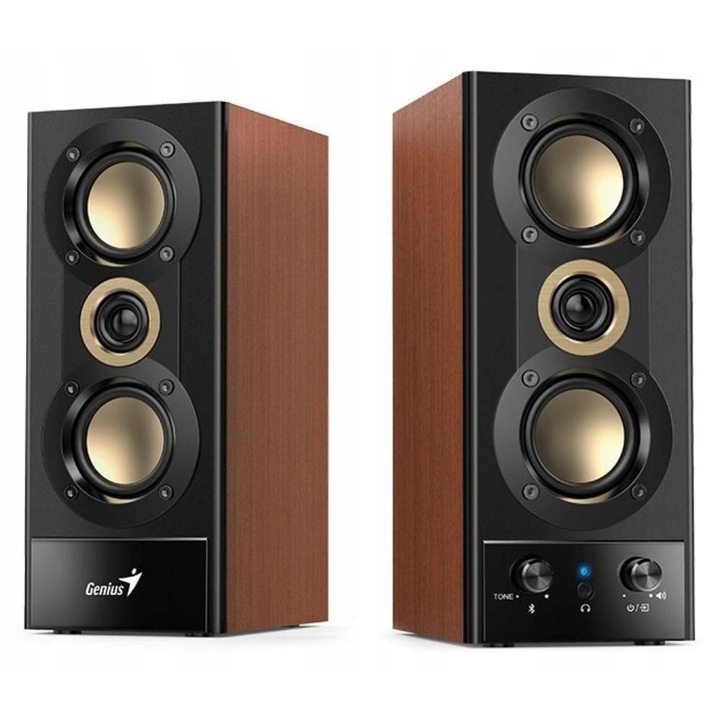Колони 2.0, Genius SP-HF800BT, 20W, Bluetooth, черни с кафяви акценти, 222x132,5x94mm, комплект