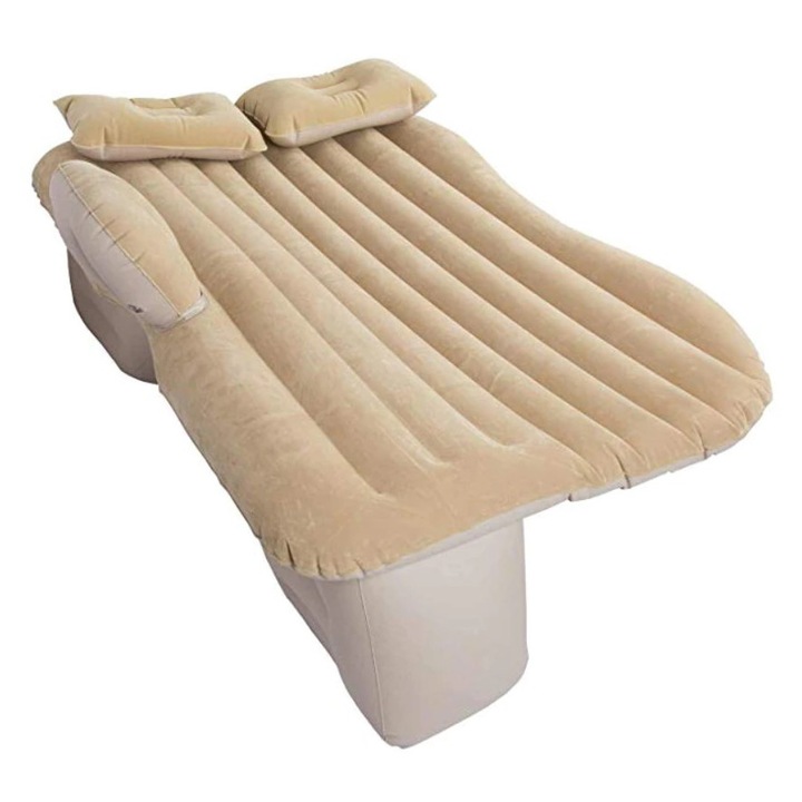 Materac dmuchat pentru masina, 130x80cm, culoare bej, set cu pompa si 2 perne