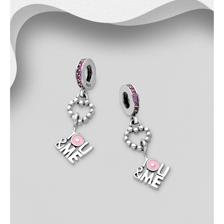 Charm din argint pentru bratara, model You and Me si inima