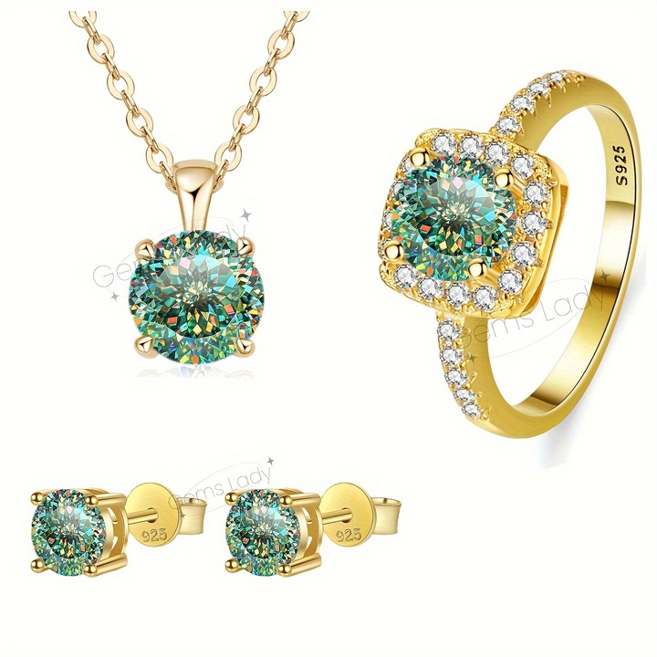 Set de 3 Bijuterii din Argint Placat cu Aur Galben de 14k, Cercei, Colier si Inel Marimea 54, cu Moissanite Rotunde de Un Carat Fiecare, Taietura Portugheza, Verde-Albastrui, Pentru Femei si Fete