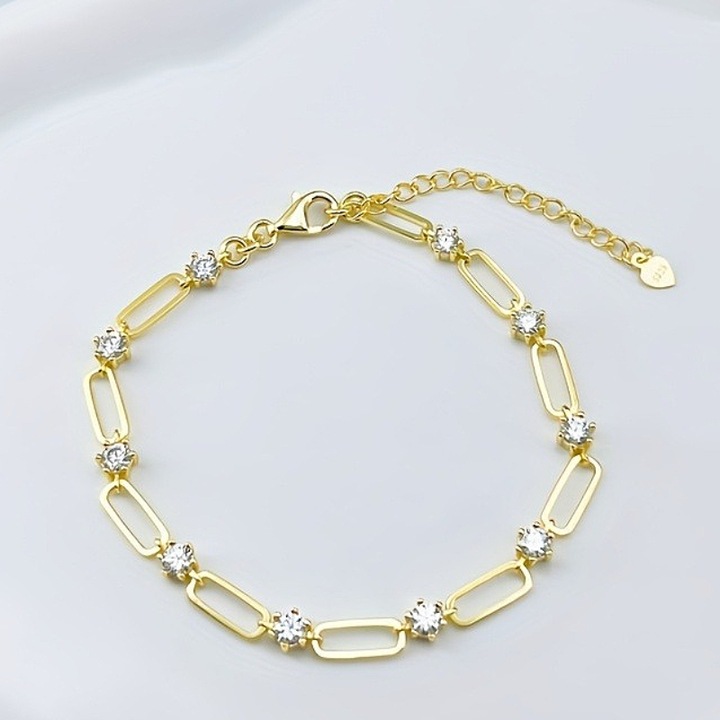 Bratara din Argint Placata cu Aur Galben de 14k, 9.5+5 CM, cu 10 Moissanite Rotunde de 0.3 Carate, Pentru Femei si Fete