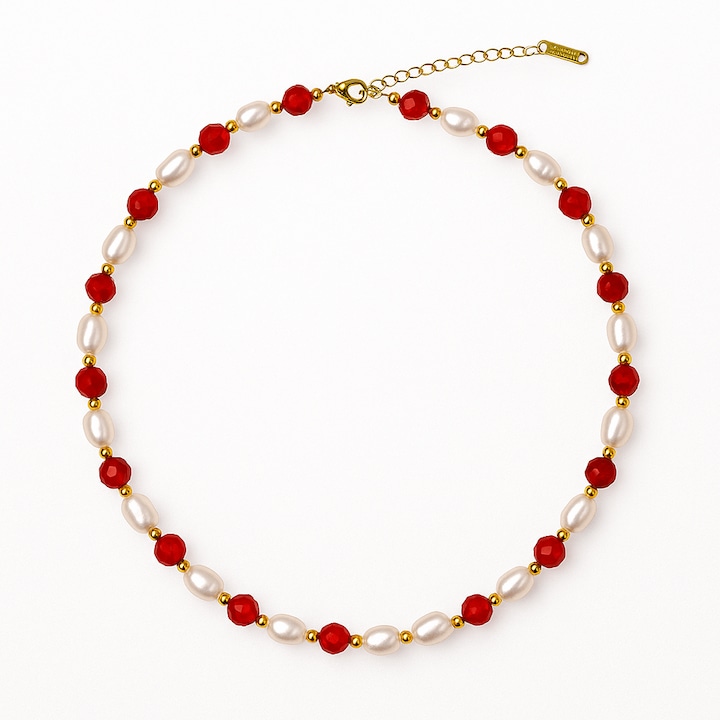 Colier Cupru cu Agat Rosu Fatetat si Perle Naturale - Echilibru, Rafinam si Energie Vitala