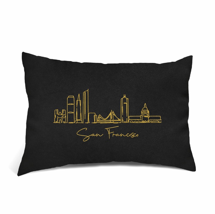 Perna Decorativa Brodata, Oras San Francisco, Negru, 40 × 30 cm