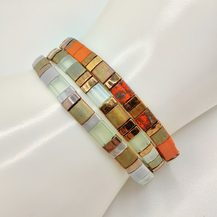 Set 3 bratari elastice cu margele Miyuki din Japonia CZM-579, Multicolor, 16 CM