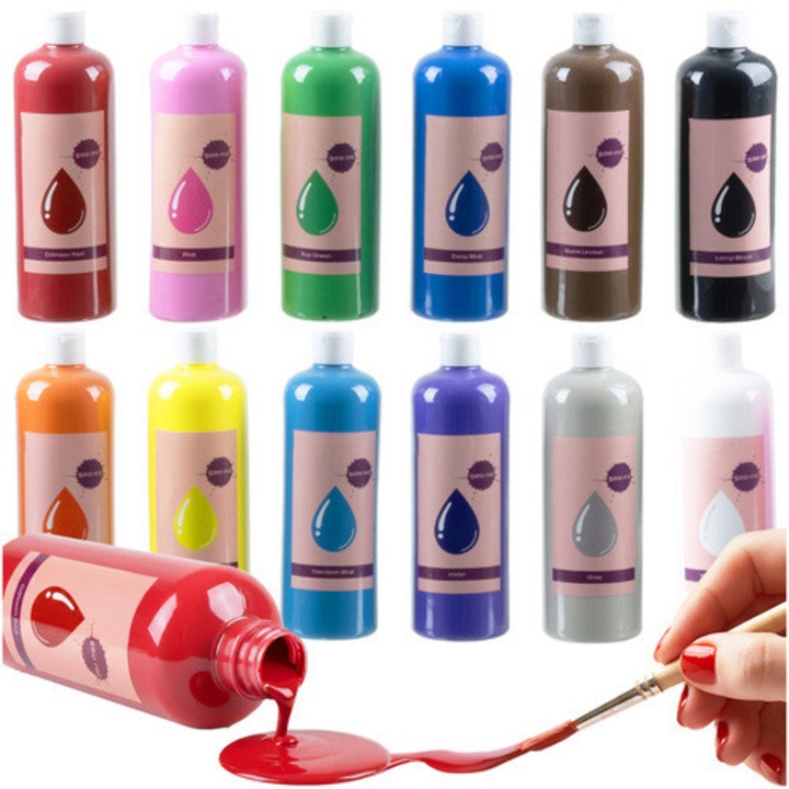 Set 12 vopsele tempera, Zola, 500 ml, multicolor, pentru hartie, lemn, ceramica