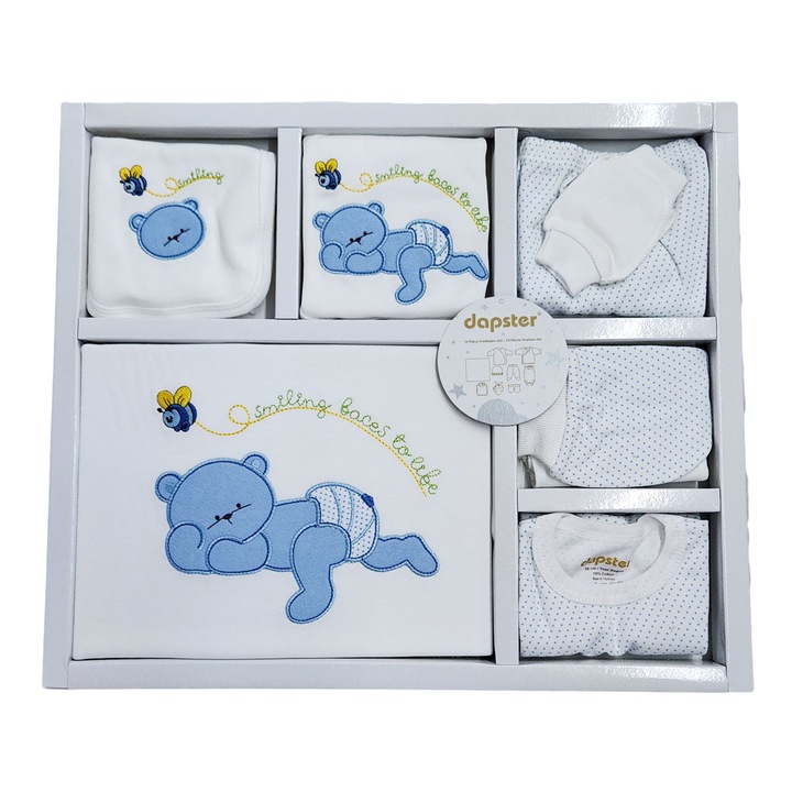 Set nou nascuti 10 piese, HTSB 111, culoare bleu, varsta 0-3 luni