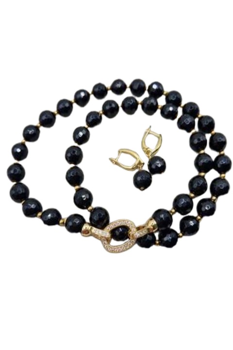 Set pentru femei, colier si cerei din Onix si Cubic Zirconia, lungime 50 cm