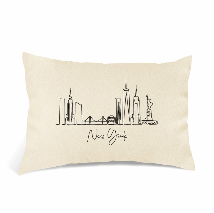 Perna Decorativa Brodata, Oras New York, Crem, 40 × 30 cm