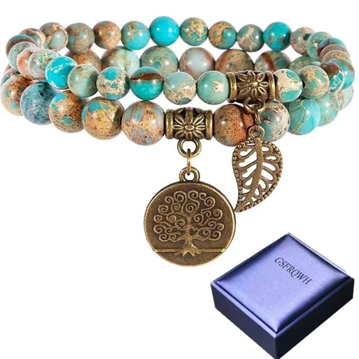Bratara Farfume cu piatra naturala Chakra – Set de 2 bratari pentru femei cu margele naturale, cu accesorii Arborele Vietii si frunze