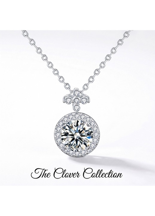 Colier Dama din Argint 925 cu Moissanit 1 Carat, Certificat GRA, Placat cu Rodiu, Design Dublu Fata/Trifoi, Cutie Cadou