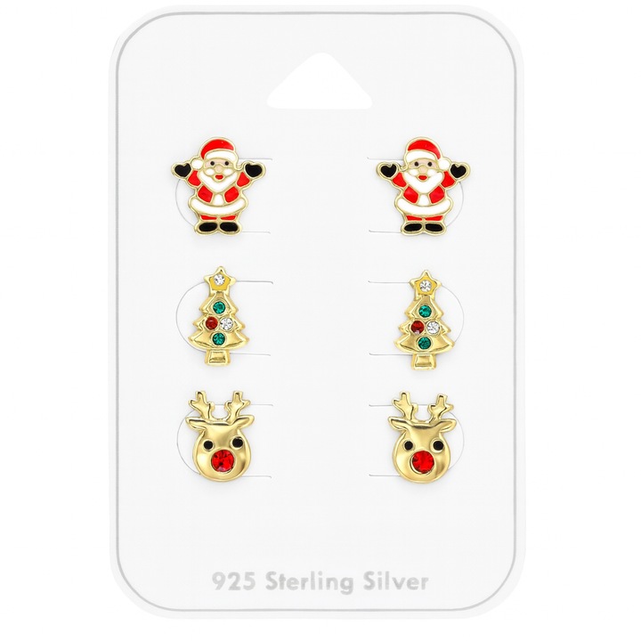 Set 3 Perechi Cercei argint 925 Mos Craciun, Pom Craciun, Ren, Set Argint 925 placat cu aur 14k Boutique23 Cadou Craciun, Ambalaj Cutie Premium, Certificat Grantie, Auriu