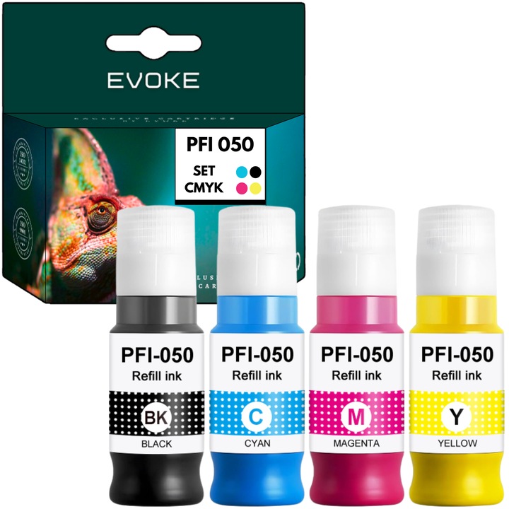 4x Бутилки съвместимо мастило Canon PFI-050, Комплект от 4 цвята, по 70 мл всеки цвят, за image PROGRAF TC20 TC20M PFI050