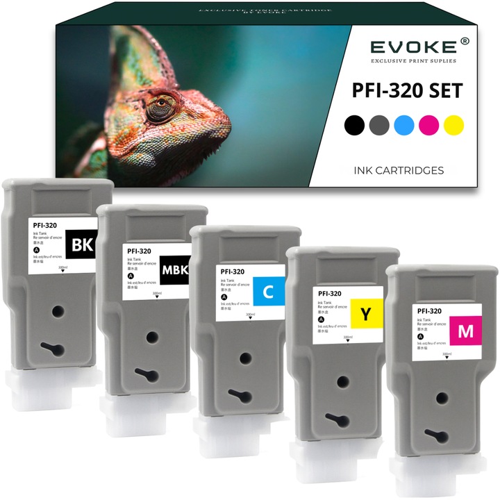 5x Съвместими мастилени касети за принтер Canon PFI-320, 300 ML всяка касета, за TM200 TM205 TM300 TM305 GP200 GP300, Комплект от 5 цвята PFI320