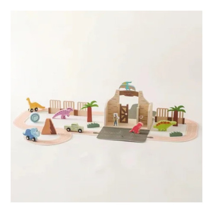 Set educativ din lemn TookyToy - Parcul cu Dinozauri, valiza portabilă, include dinozauri colorati, masinuta de safari, 3 ani