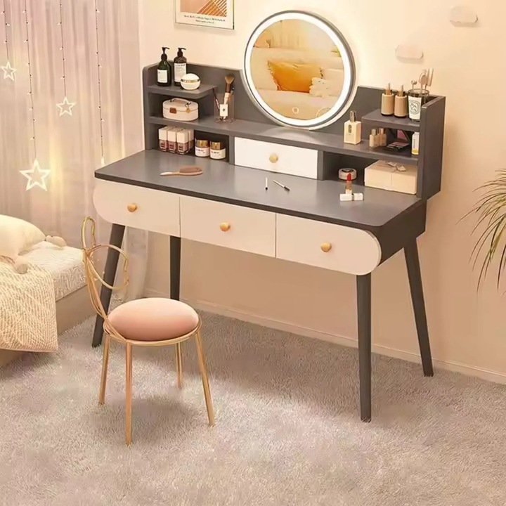 Тоалетка Vivendo® с LED тъч огледало, рафтове и чекмеджета, MDF + масивно дърво, 100x120x40 см, сива