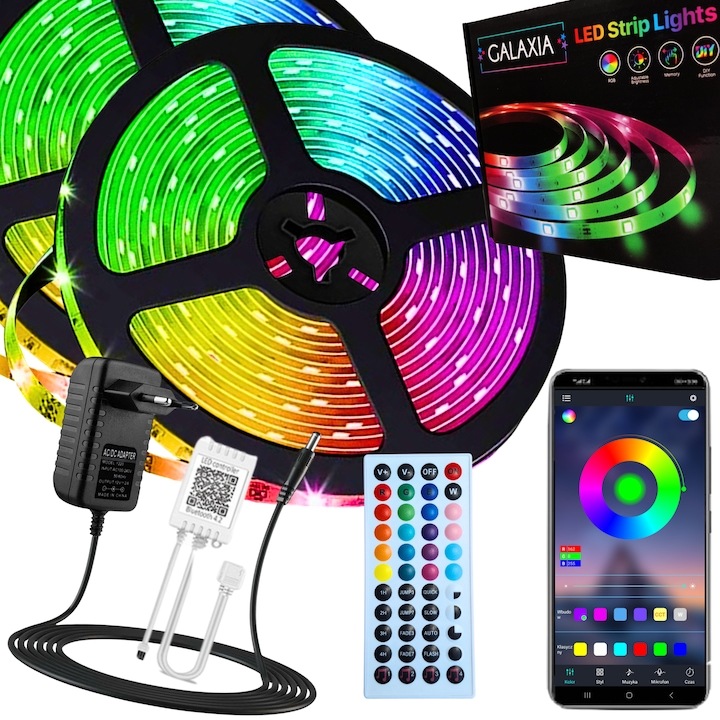 Banda LED 20 metri 5050 RGB, Serafina, Adezivă, Bluetooth, 10mm
