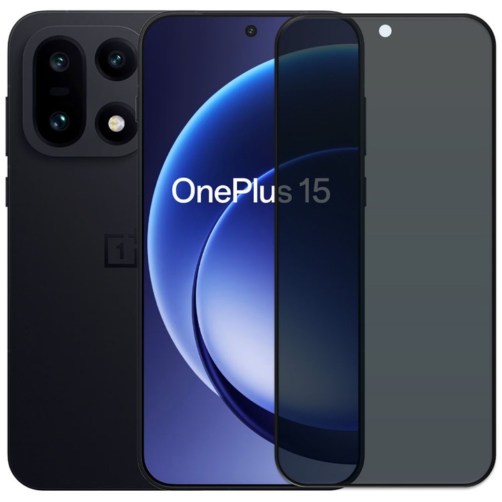 Folie din sticla securizata pentru OnePlus 15, HAMSTERBOX Privacy Shield, Protectie completa ecran, Full face, Aplicare rapida, Case Friendly, Negru