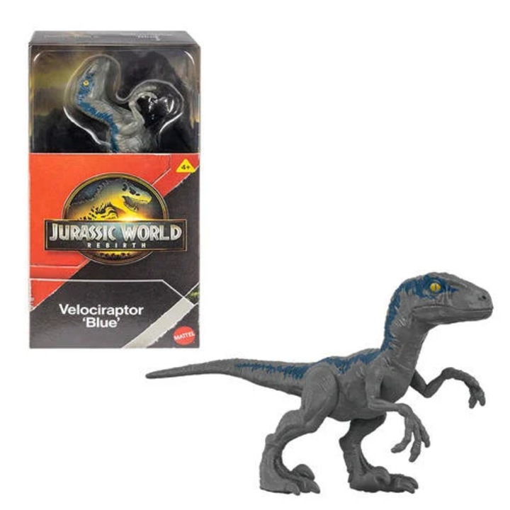 Figurina Mattel Jurassic World Rebirth, Velociraptor Blue, 15 cm, sculptură realistă, articulații mobile