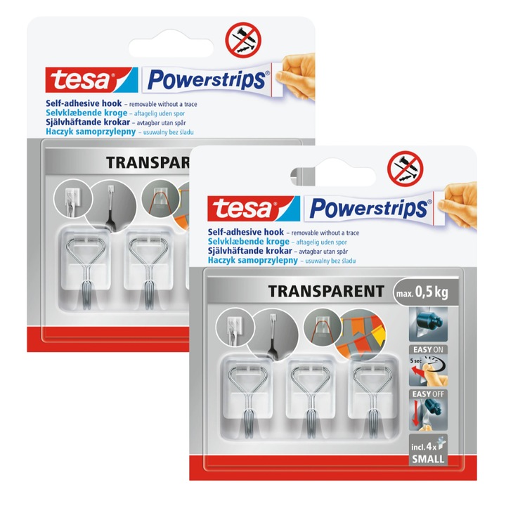 Set 3 carlige metalice transparente autoadezive Tesa, 0,5 kg, 2x2x3,8 cm