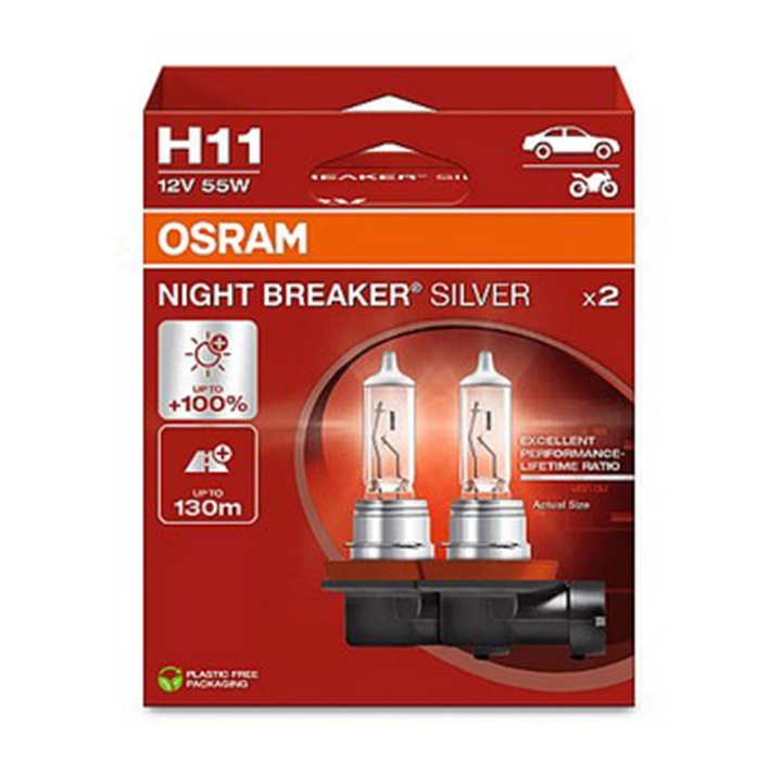 Комплект 2 халогенни крушки H11 Osram Night Breaker Silver (+100% яркост)