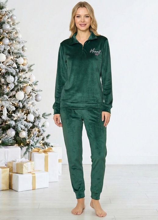 Pijama dama eleganta din catifea fina verde cadou Craciun 3162 13589, Verde