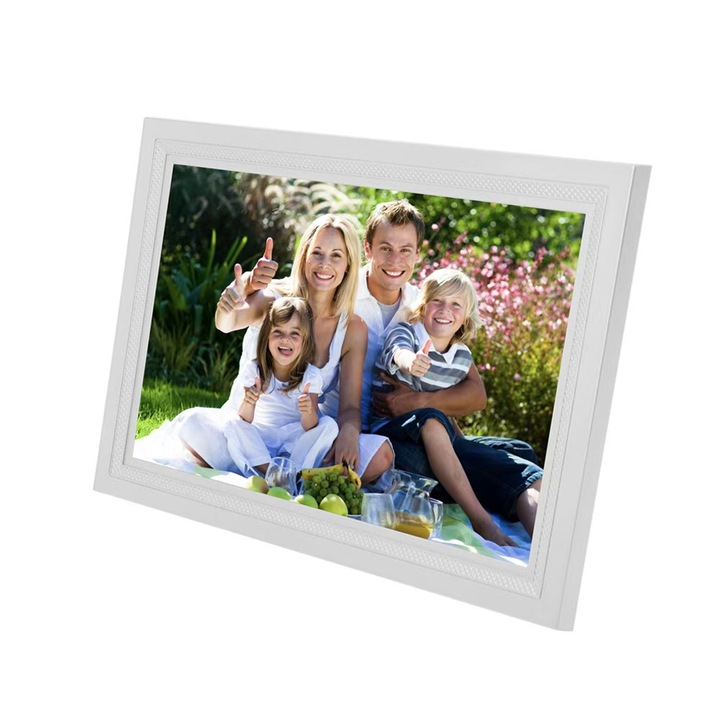 Rama foto digitala wifi VIS, Aplicatie Frameo in limba romana, 32GB, touchscreen IPS 10, 1 inch, rezolutie 1280x800, reda fotografii, videoclipuri, functie calendar, ceas, culoare alba