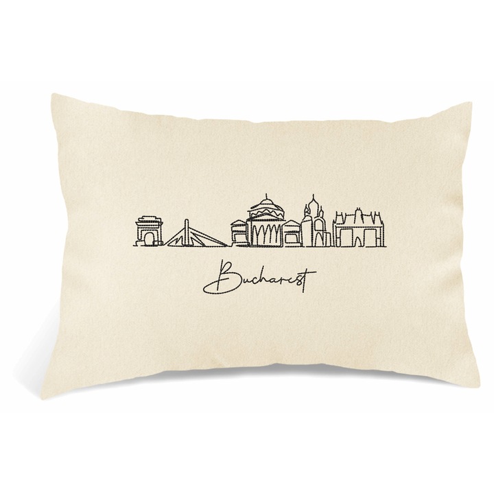 Perna Decorativa Brodata, Oras Bucuresti, Crem, 40 × 30 cm
