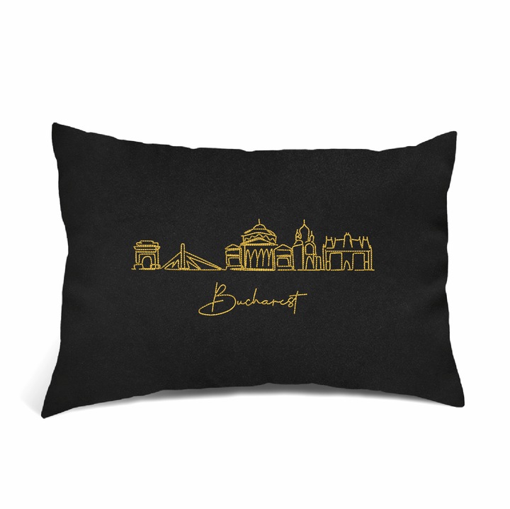 Perna Decorativa Brodata, Oras Bucuresti, Negru, 40 × 30 cm