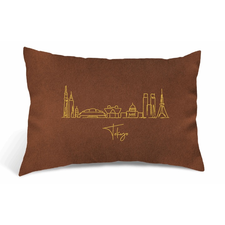 Perna Decorativa Brodata, Oras Tokyo, Maro Inchis, 40 × 30 cm