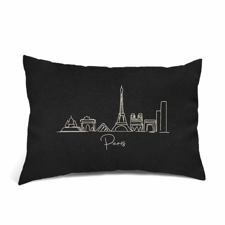 Perna Decorativa Brodata, Oras Paris, Negru, 40 × 30 cm