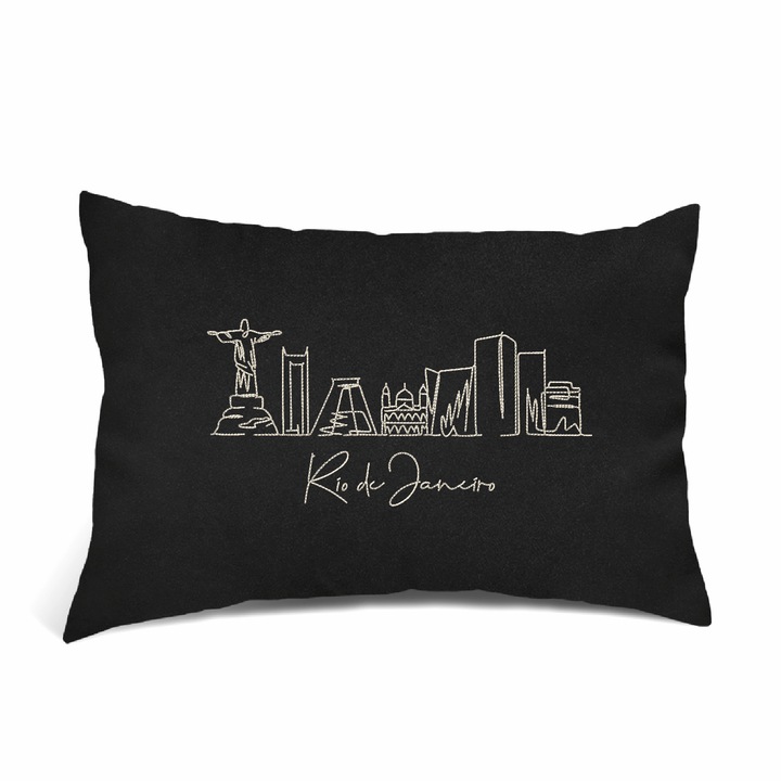 Perna Decorativa Brodata, Oras Rio de Janeiro, Negru, 40 × 30 cm
