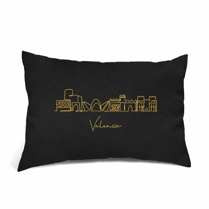 Perna Decorativa Brodata, Oras Valencia, Negru, 40 × 30 cm
