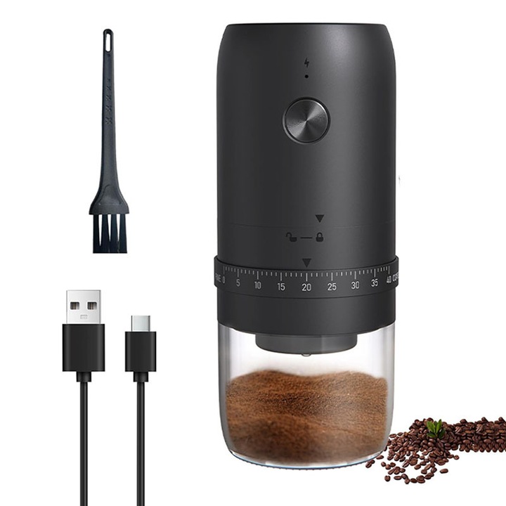 Преносима електрическа кафемелачка Rqiurpn, 40 регулируеми настройки, размери 7.8x3.23x3.23 инча, черен цвят