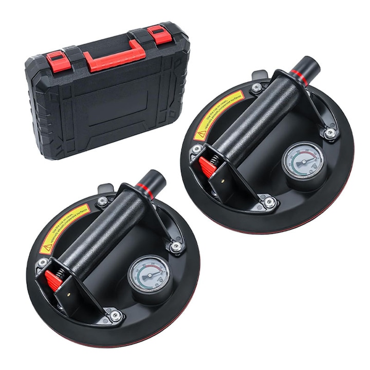 Set 2 Suporturi de Vid pentru Sticla 8", Rqiurpn, Cu Pompa si Manometru, Capacitate Maximala 200 kg, Fixare Puternica, Material Rezistent, Siguranta Sporita, Ergonomic, Anti-Alunecare, Durabil, Usor de Utilizat, Pentru Geamuri, Placi, Gresie, Negru-Rosu