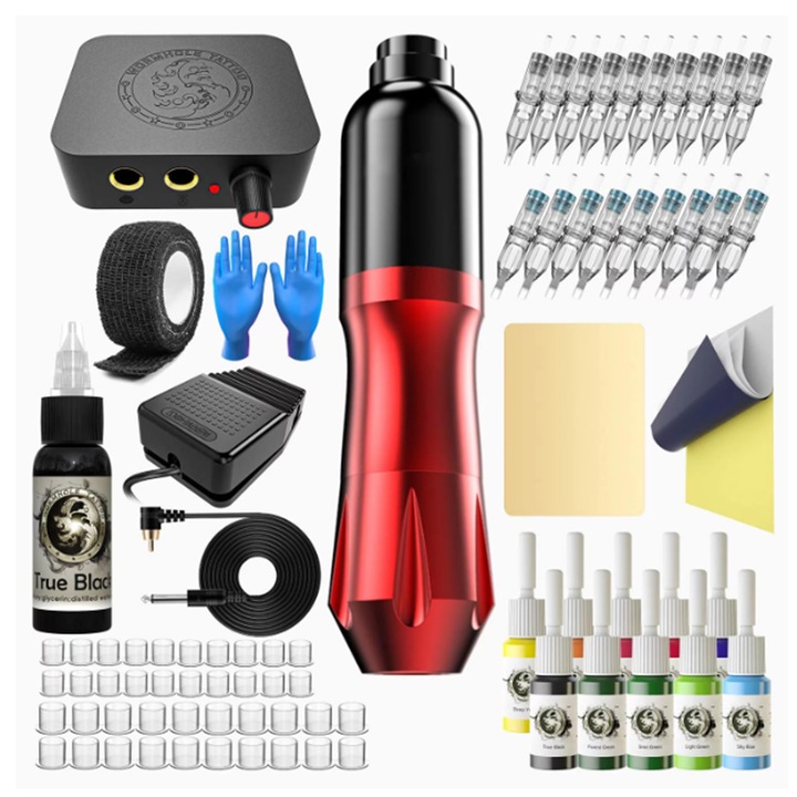 Kit tatuaj Rqiurpn, aparat de tatuat stilou, aluminiu, 6-8V, 10,000 rpm, multicolor