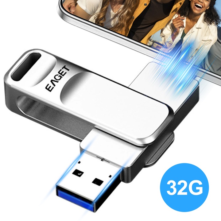 Unitate flash USB C SDLOGAL 32G, 3.0, metalică impermeabilă, design rotativ, argintiu