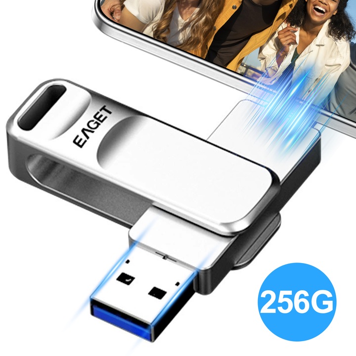 USB C флаш устройство, SDLOGAL, 256G, USB 3.0 флаш, преносима USB C памет, с отвор за ключодържател, водоустойчиво метално USB C флаш устройство, сребристо