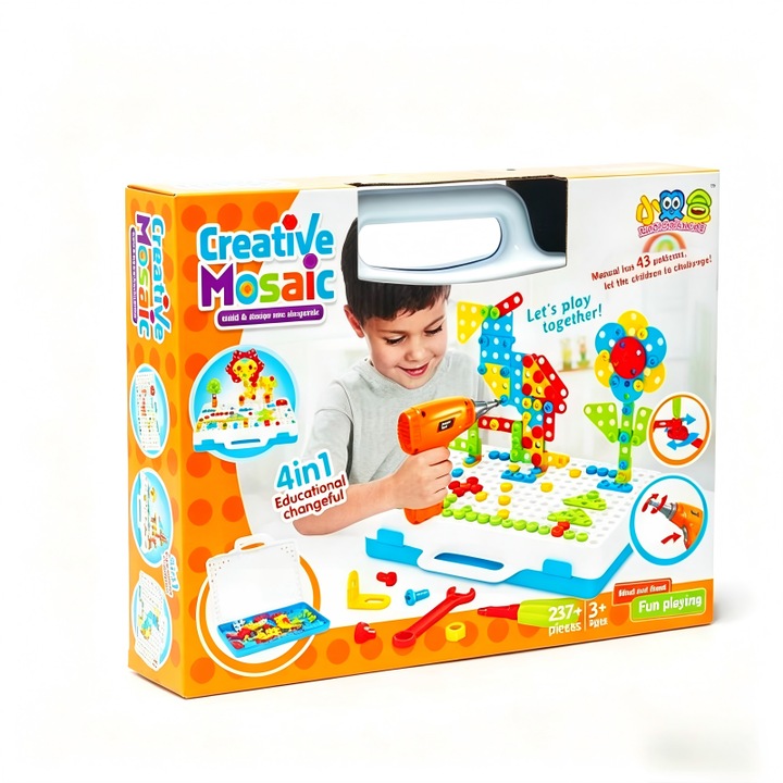 Set de burghiu STEM pentru copii – 237 de piese, jucarie creativa DIY pentru mozaic si constructie cu burghiu electric, kit educational Montessori, cadou de Ziua Copilului sau de nastere pentru baieti si fete de 3-8 ani