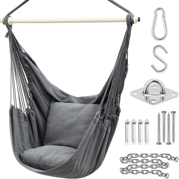 Fotoliu suspendat Bedee cu 2 perne si kit de carlige de tavan, fotoliu suspendat XL pentru exterior, pana la 150 kg, pentru adulti si fete, scaun suspendat pentru interior, exterior, dormitor si gradina, antracit