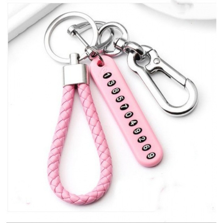 Breloc ABCognify, sfoara de piele impletita roz, placa metalica pentru gravare