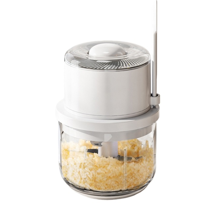 Безжичен електрически чопър с зареждане, стъклена чаша, 350 мл, 6 остриета, с малка лъжичка, идеален за бебешка храна, чесън, ядки и плодове, зареждане Type-C, бял