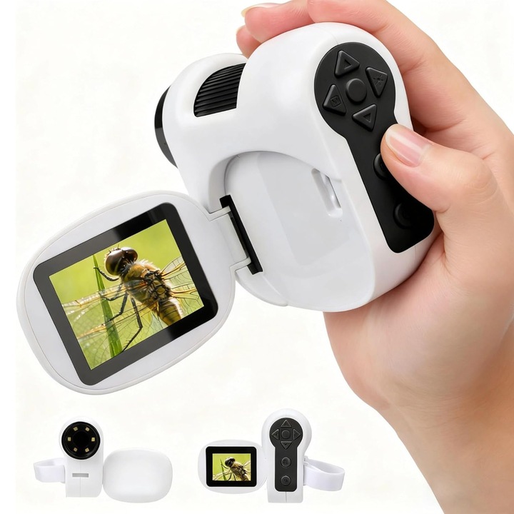 Цифров микроскоп за деца 1600X, с 100-1600X увеличение и LED, 3-в-1 ръчен цифров детски микроскоп, 1080P DV камера, 6-степенна настройка на светлината, 8.5x4x11CM, бял