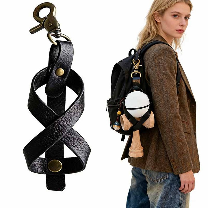 Suport Kendama, Garsonal®, Breloc, Piele PU, 10 cm, Design multifunctional, Negru